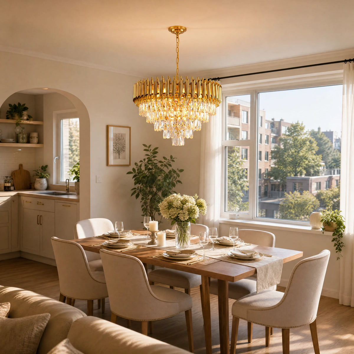 A luxury gold chandelier with a tiered crystal glass design hangs over a wooden dining table set for six in a beautifully decorated dining room with beige upholstered chairs and large windows.