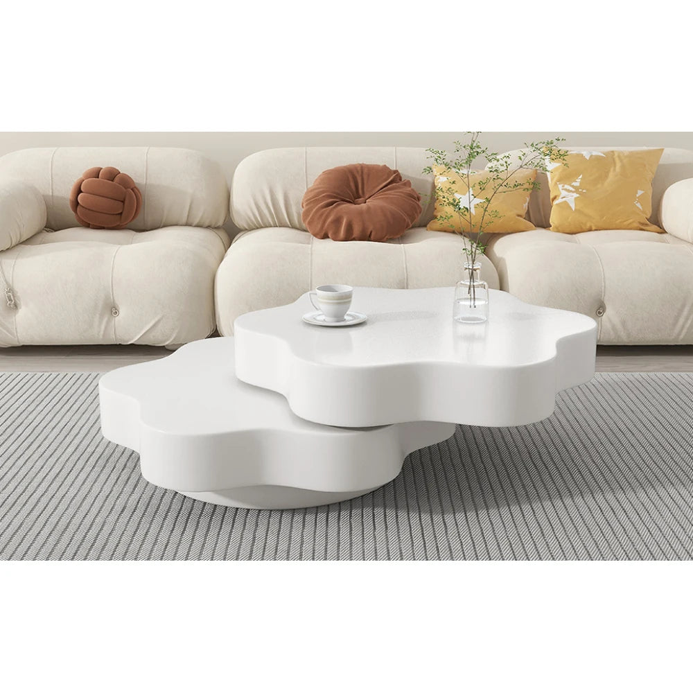 PINGGO Flower-Shaped Rotating Coffee Table - 2-Tier White MDF Rotating End Table & Sofa Side Table