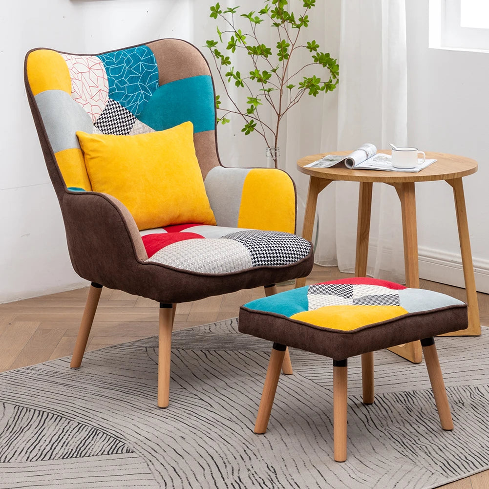 Multicoloured Wingback Armchair with Footstool