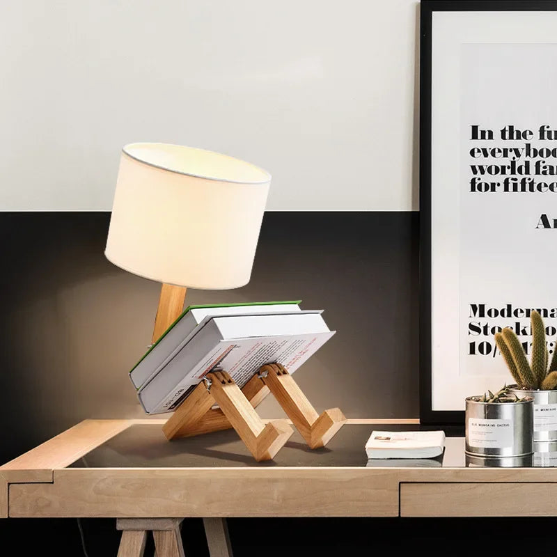 Artisan Wooden Robot Table Lamp | Modern Adjustable Sculptural Desk Light