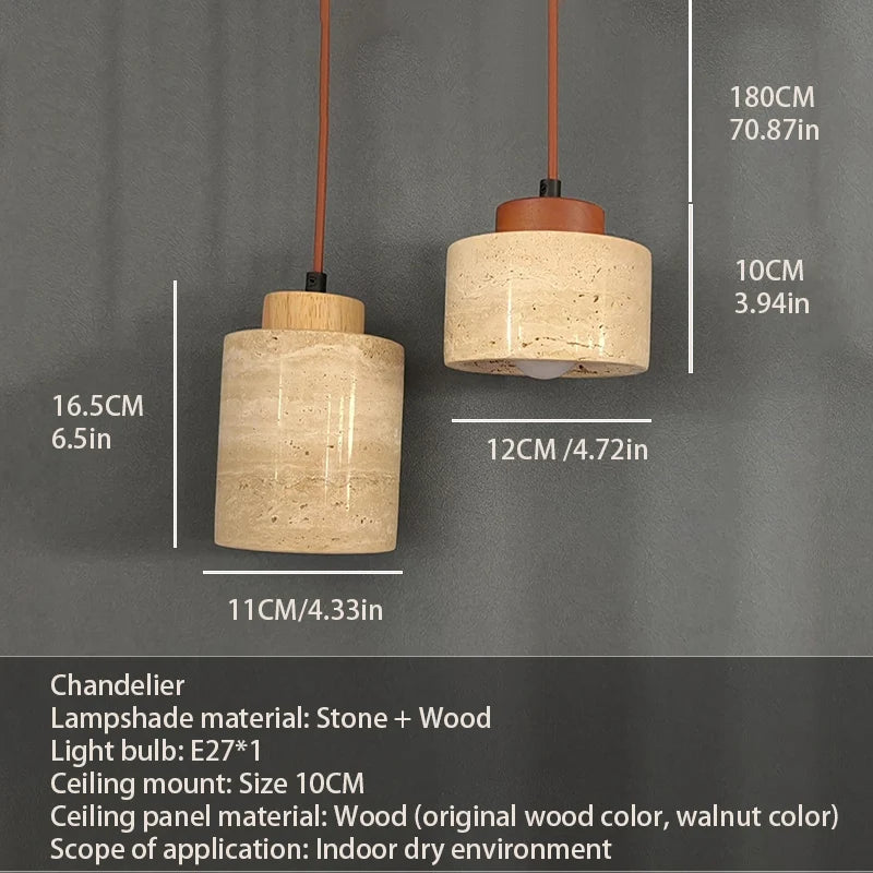 Two pendant lights with dimensions and material details on a gray background
