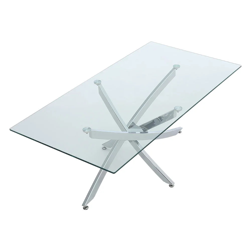 Breeins Modern Clear Glass Coffee Table with Stainless Steel X-Base – Rectangular Contemporary Living Room Table