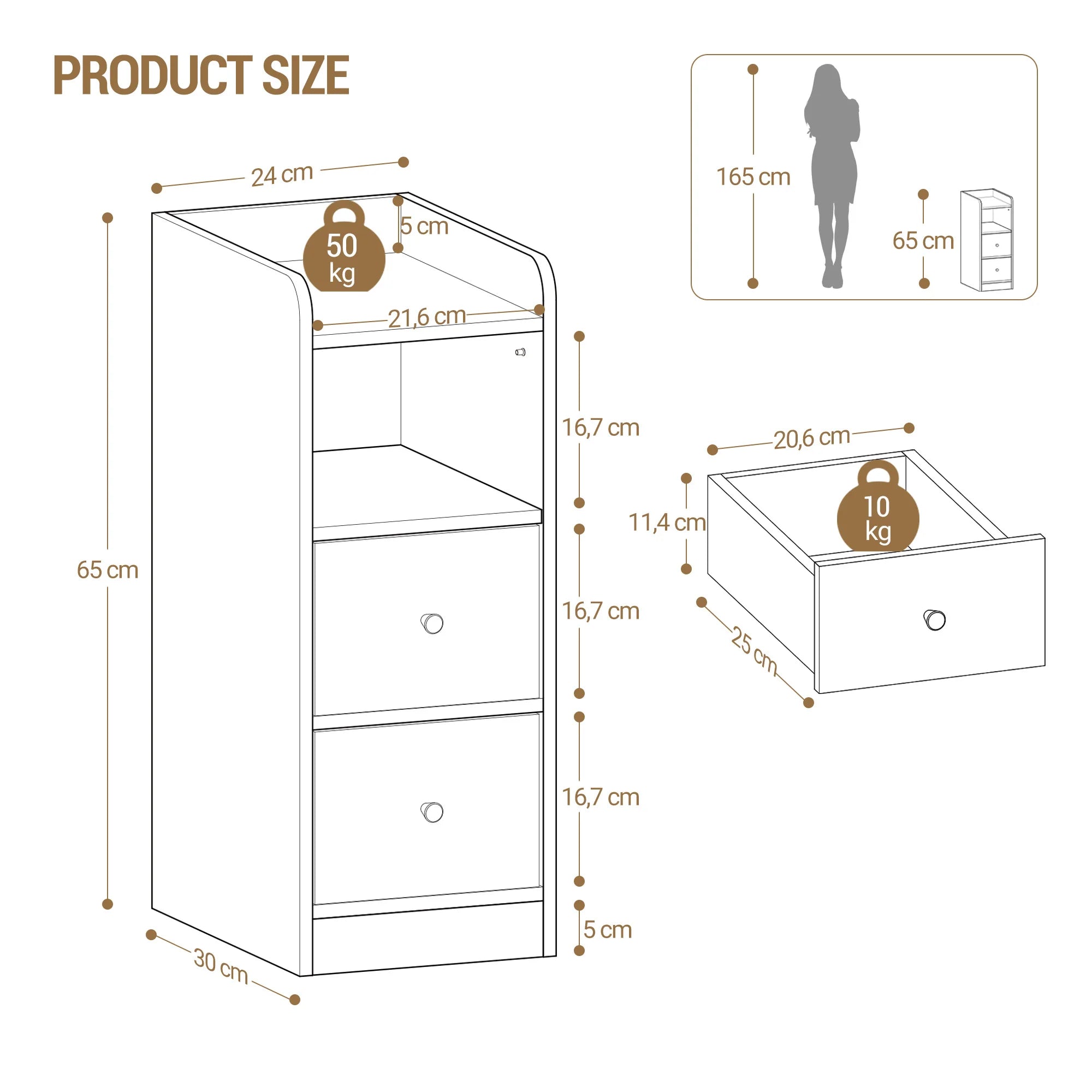 Slim Narrow Bedside Table with 2 Drawers & Open Shelf | Adjustable