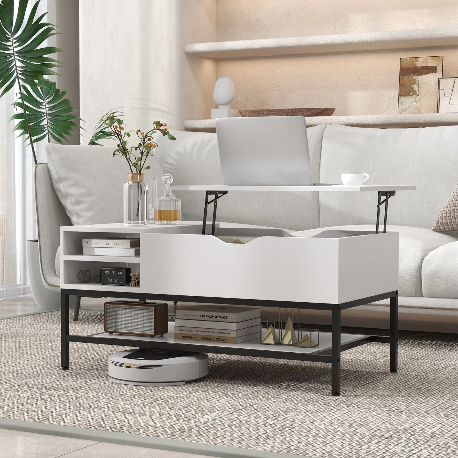 White Lift Top Coffee Table with Storage - Modern Lift-Up Living Room Table