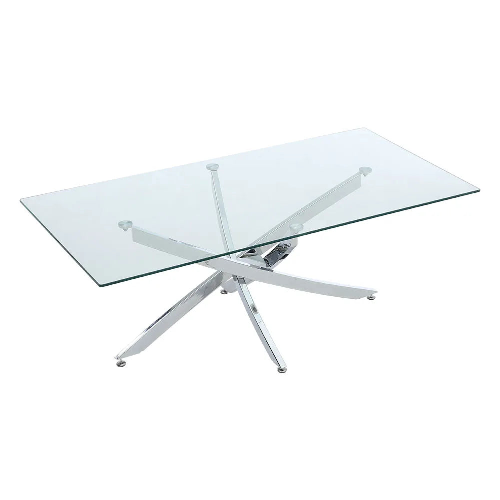 Breeins Modern Clear Glass Coffee Table with Stainless Steel X-Base – Rectangular Contemporary Living Room Table