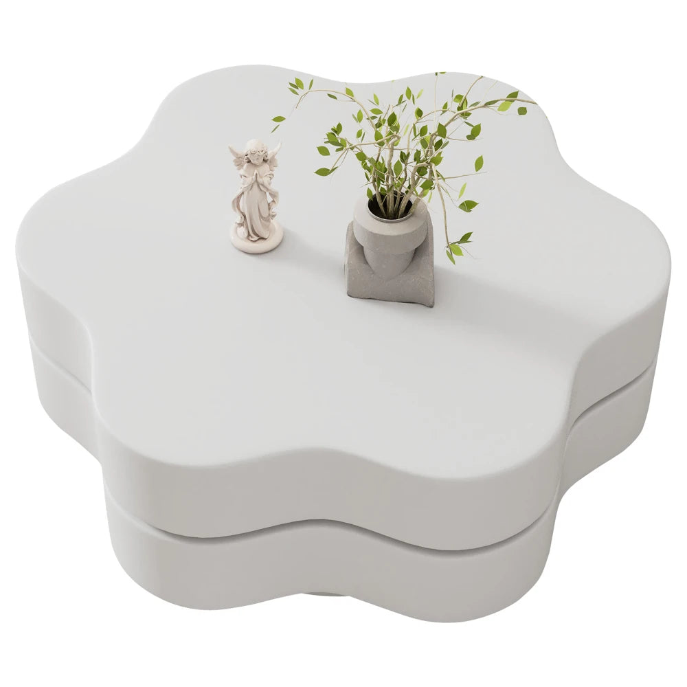 PINGGO Flower-Shaped Rotating Coffee Table - 2-Tier White MDF Rotating End Table & Sofa Side Table