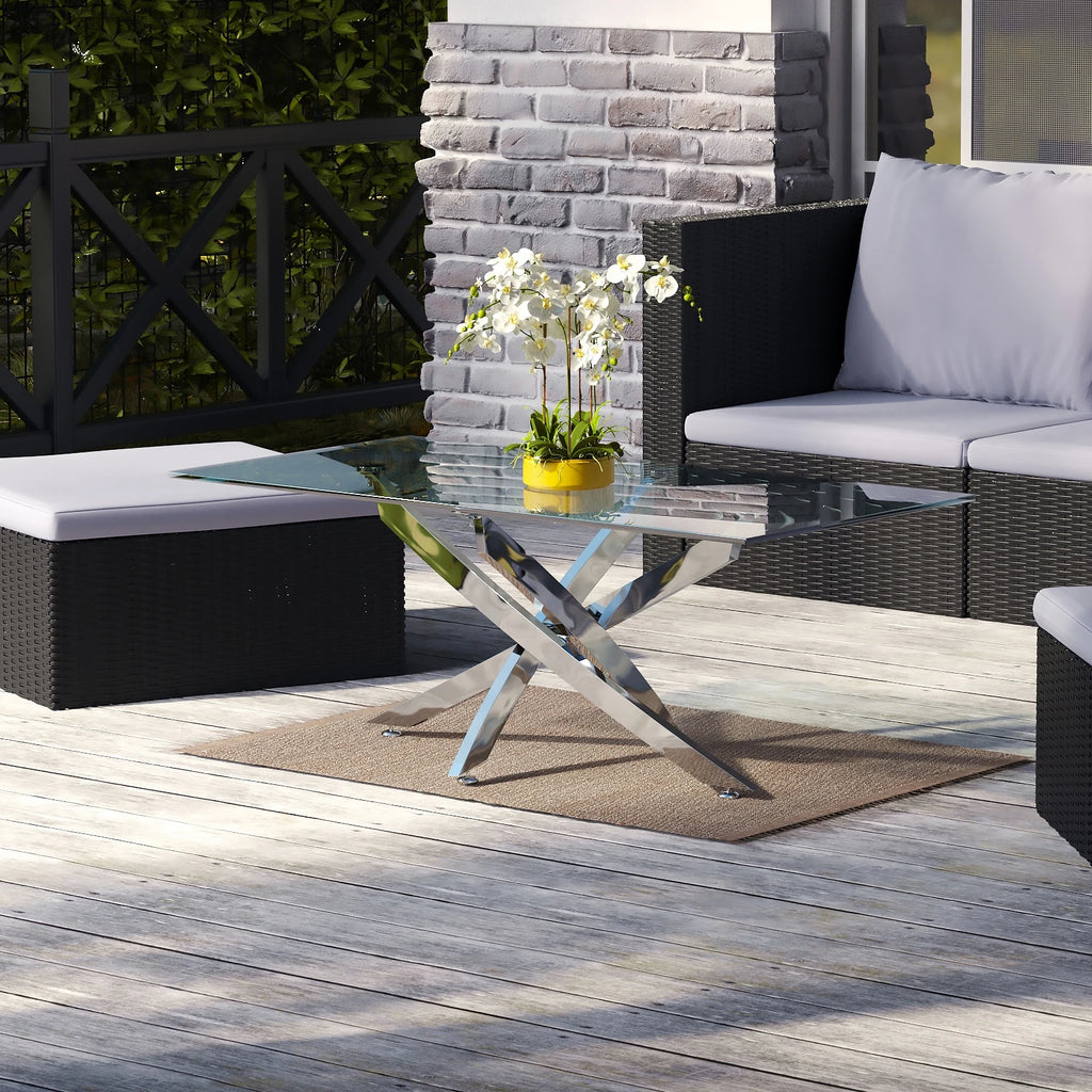 Breeins Modern Clear Glass Coffee Table with Stainless Steel X-Base – Rectangular Contemporary Living Room Table