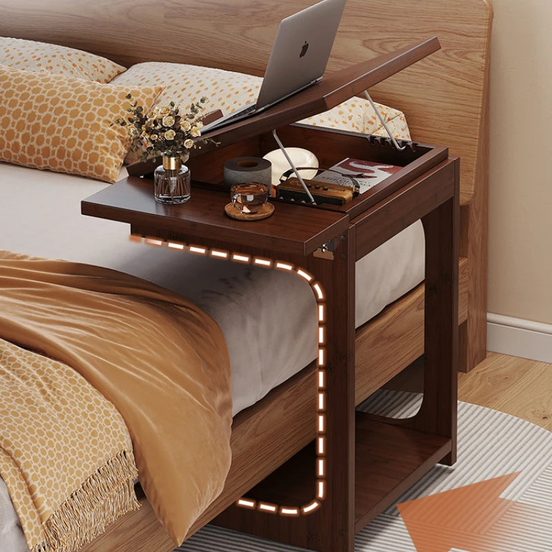 Mobile Bamboo Side Table with Adjustable Top & Hidden Storage