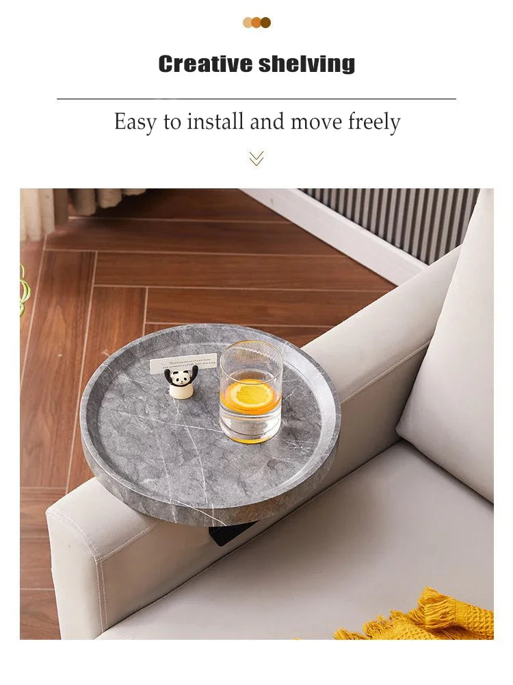 Round Marble Sofa Armrest Tray Table - Portable Mini Coffee Table