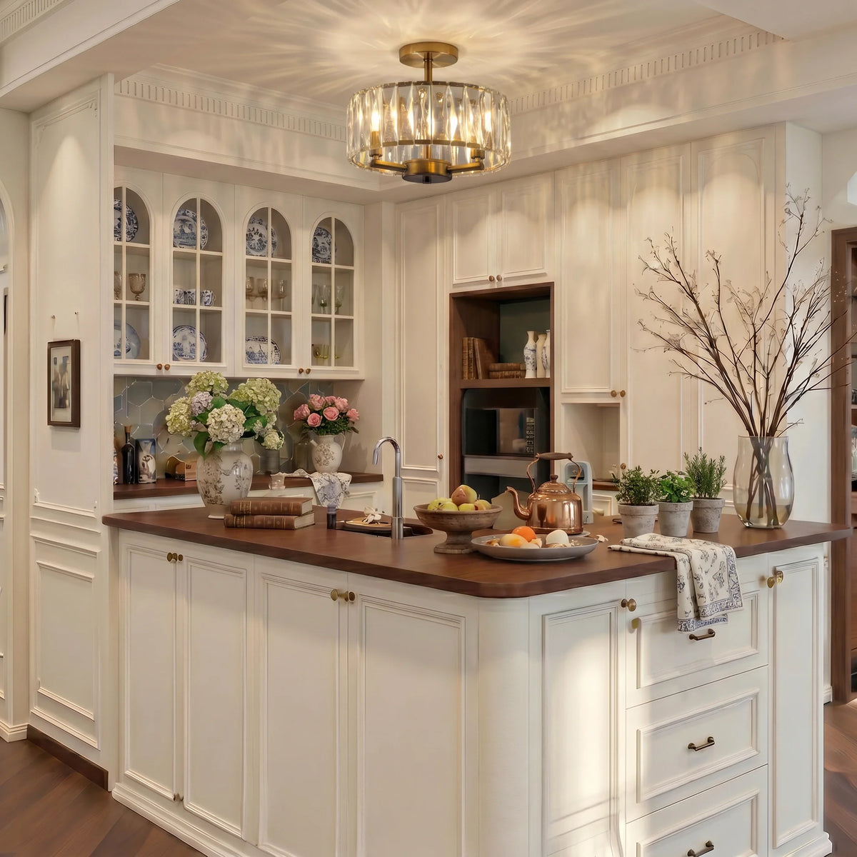 Modern kitchen with wooden countertop and white cabinets