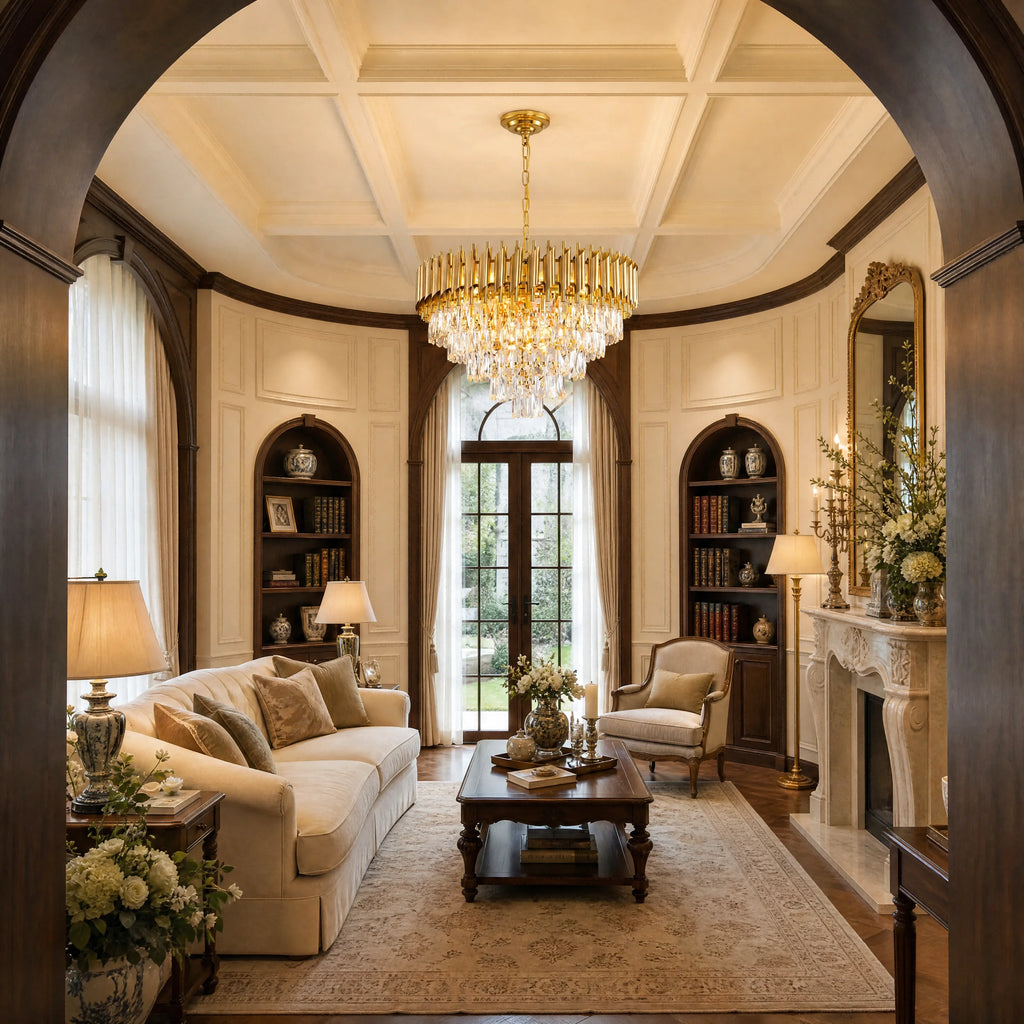 An elegant, symmetrical living room featuring a large gold and crystal chandelier hanging from a coffered ceiling. The room is furnished with a cream sofa, matching armchair, dark wood coffee table, built-in bookshelves, and a fireplace mantel, all framed by a dark wood archway in the foreground.