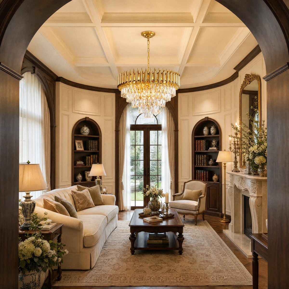 An elegant, symmetrical living room featuring a large gold and crystal chandelier hanging from a coffered ceiling. The room is furnished with a cream sofa, matching armchair, dark wood coffee table, built-in bookshelves, and a fireplace mantel, all framed by a dark wood archway in the foreground.
