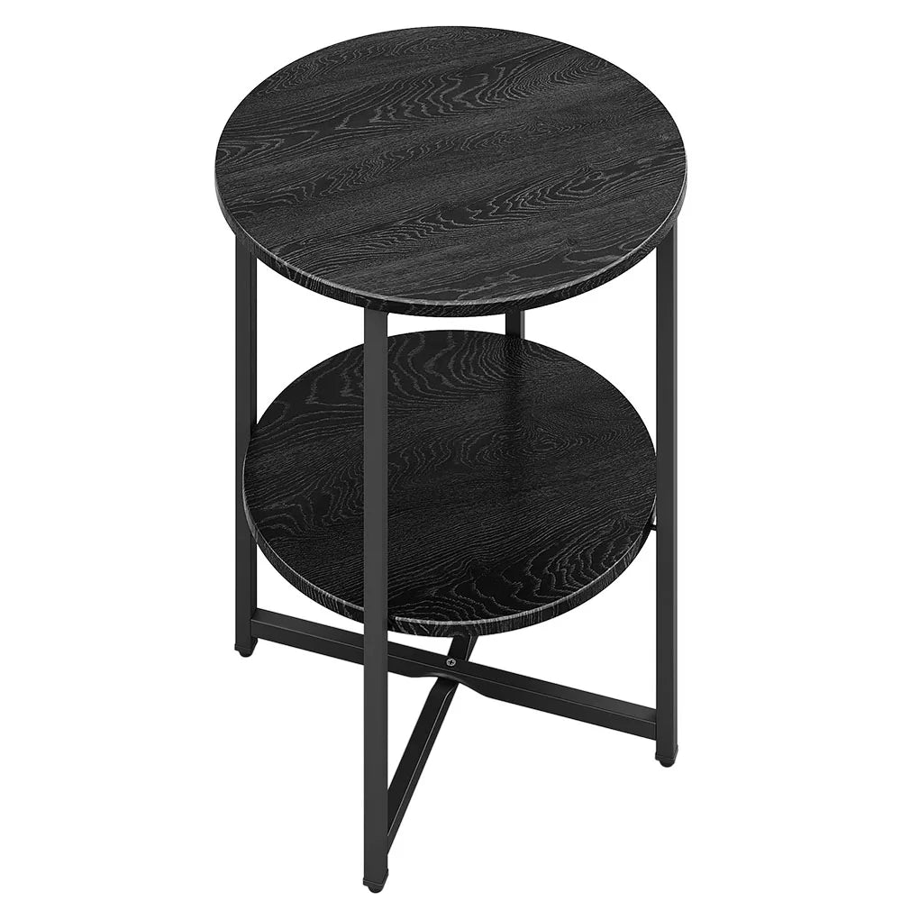 A round black wood-look side table with a two-tier design and a black metal frame, shown on a plain white background.