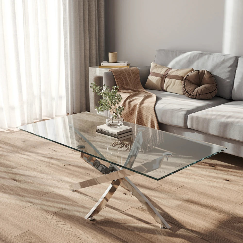 Breeins Modern Clear Glass Coffee Table with Stainless Steel X-Base – Rectangular Contemporary Living Room Table