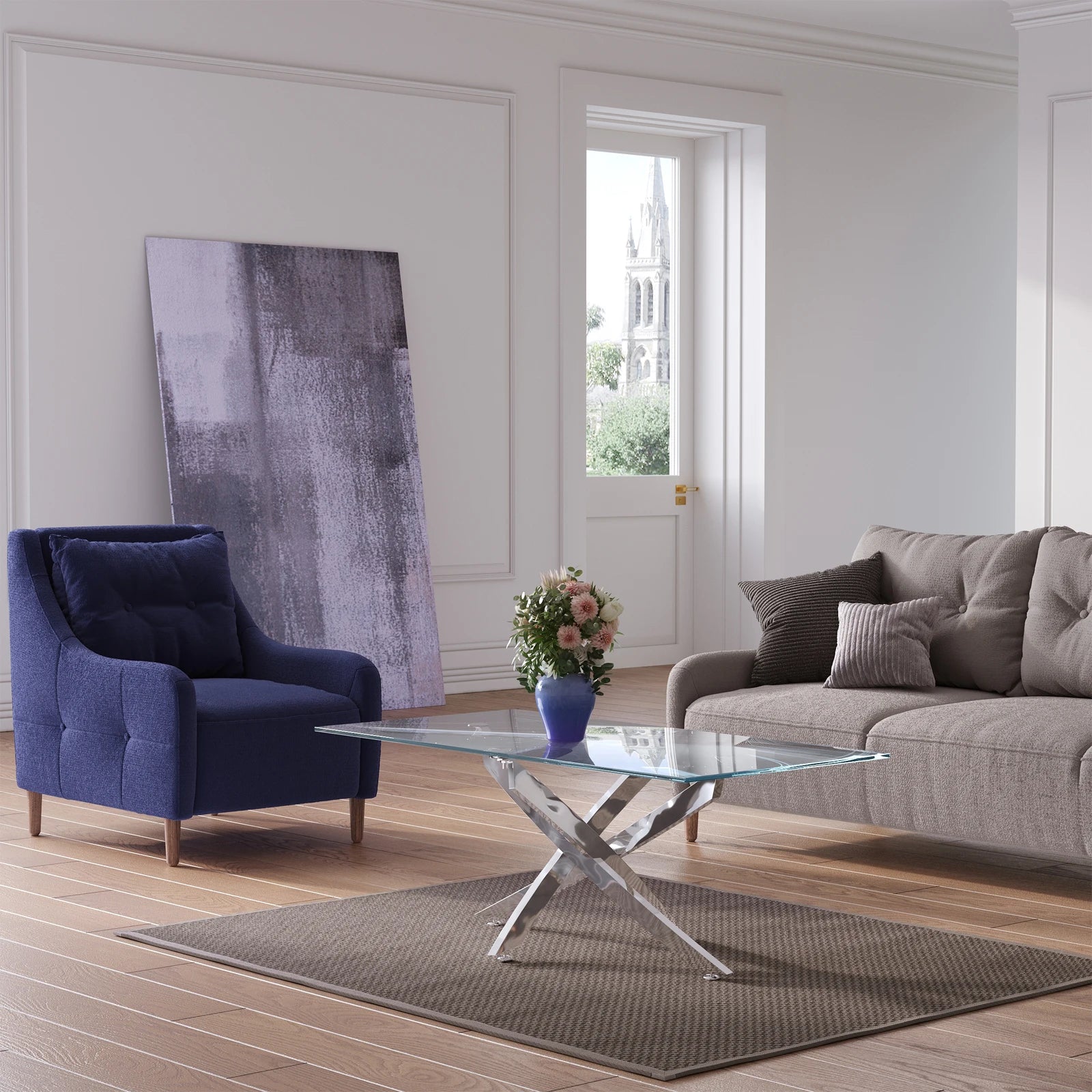 Breeins Modern Clear Glass Coffee Table with Stainless Steel X-Base – Rectangular Contemporary Living Room Table