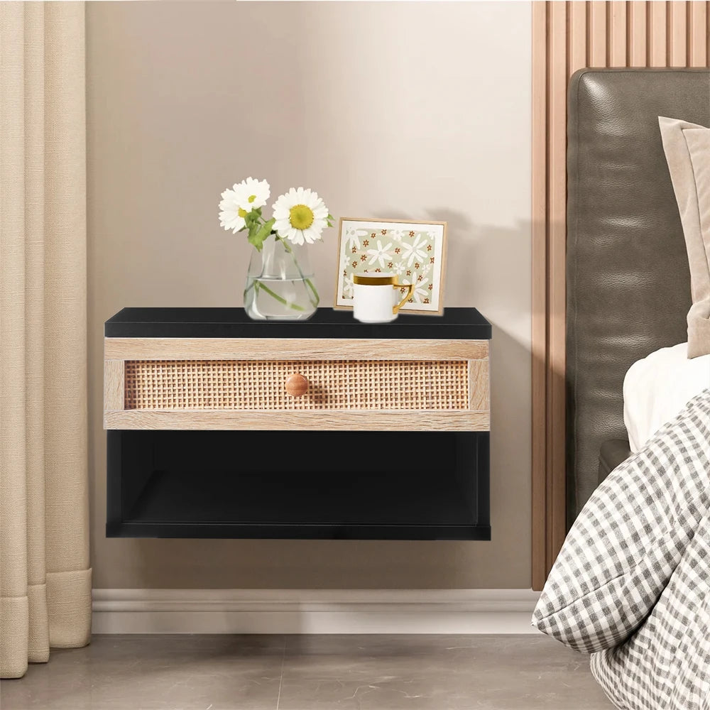 Floating Wall Mounted Bedside Table with Rattan Drawer