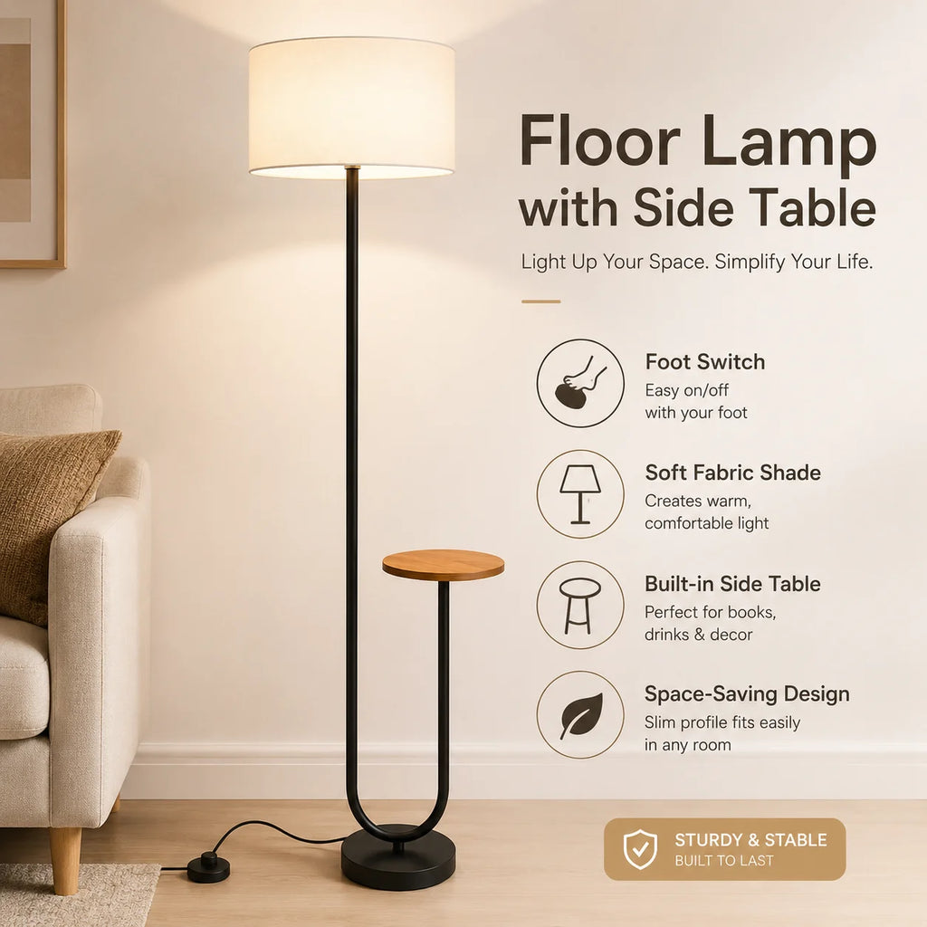 A floor lamp with an attached side table shown in a styled living room setting, with text callouts describing features like foot switch, soft fabric shade, built-in side table, and space-saving design.