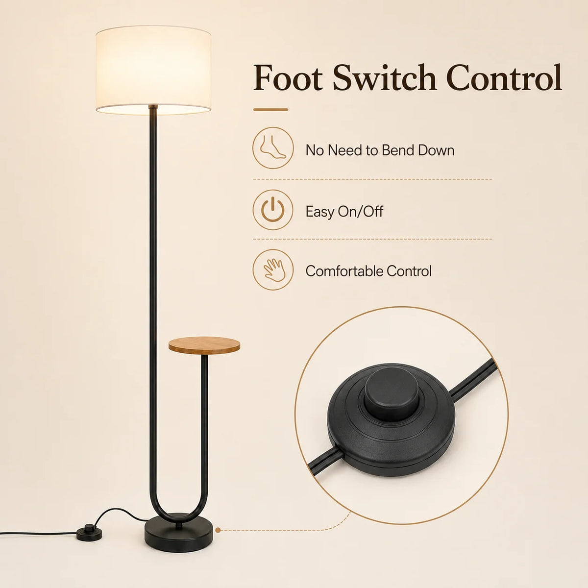 A modern floor lamp with a black metal frame, warm white cylindrical shade, and small round wooden side table on a beige background. Text reads 'Foot Switch Control' with feature callouts, plus a circular inset showing the foot switch detail.