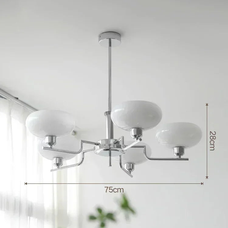 Chandelier with white glass shades in a room setting, showing dimensions.