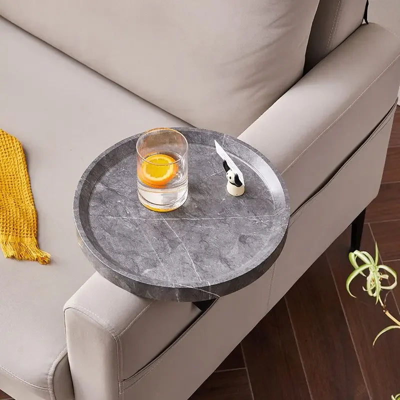 Round Marble Sofa Armrest Tray Table - Portable Mini Coffee Table