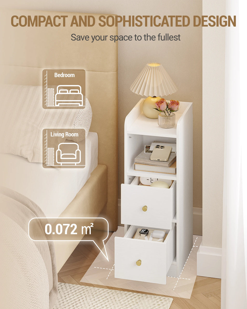 Slim Narrow Bedside Table with 2 Drawers & Open Shelf | Adjustable