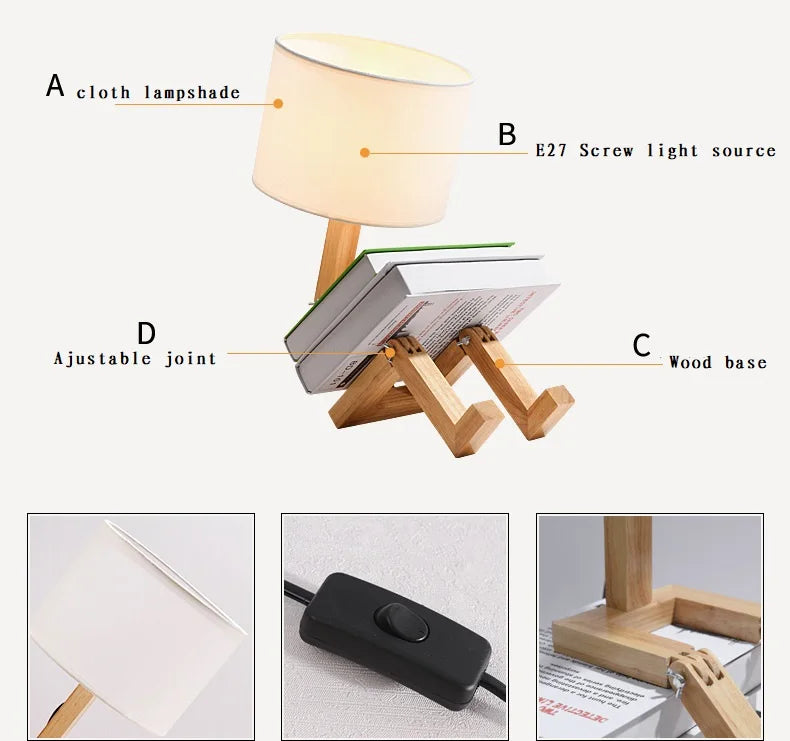 Artisan Wooden Robot Table Lamp | Modern Adjustable Sculptural Desk Light