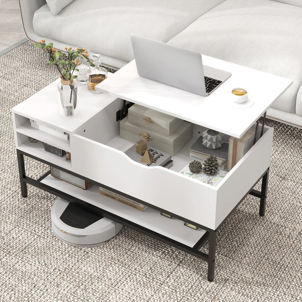 White Lift Top Coffee Table with Storage - Modern Lift-Up Living Room Table
