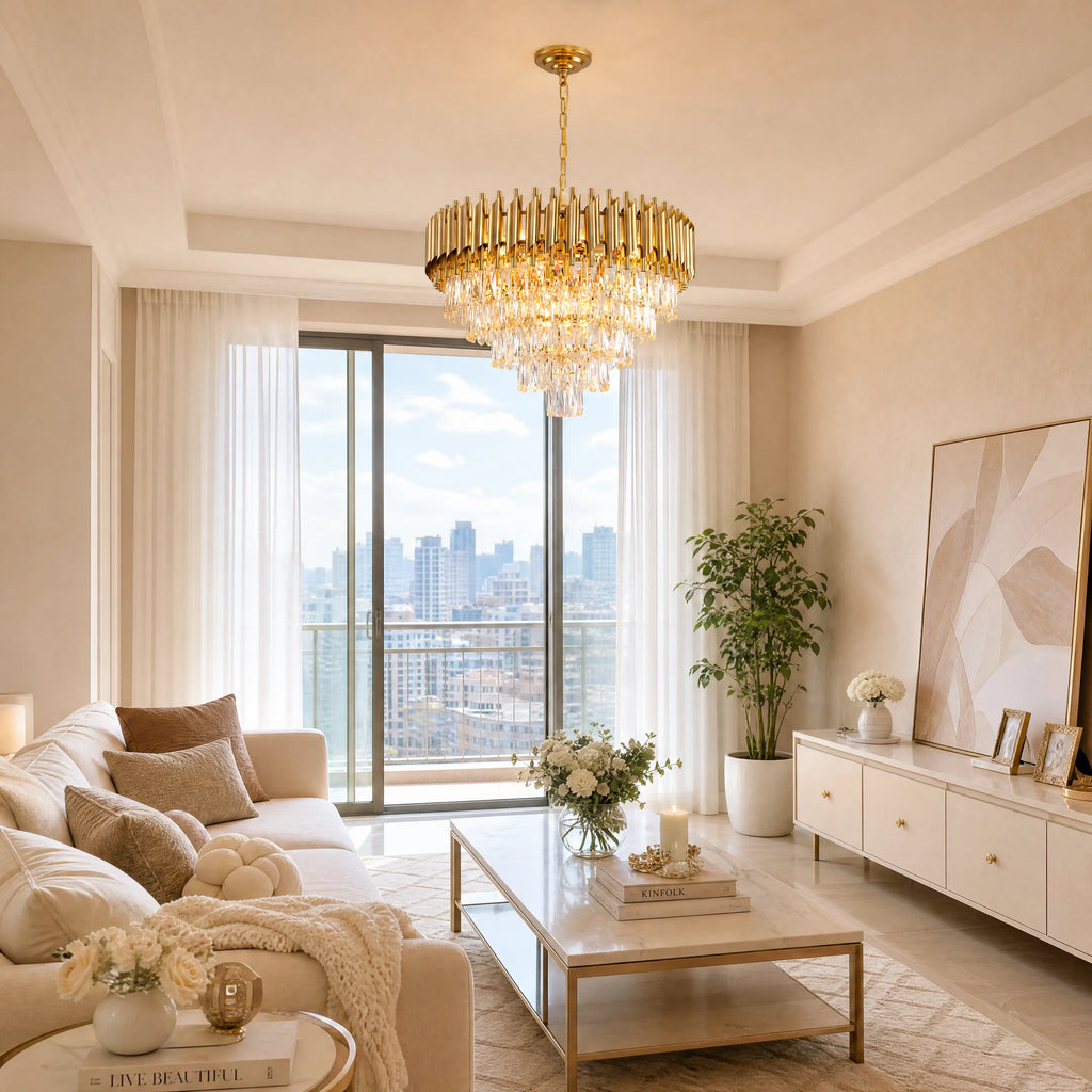 A luxury modern chandelier with a gold-toned circular frame and cascading crystal drops hangs in a bright, contemporary living room with beige walls, a cream sofa, and a large city view.