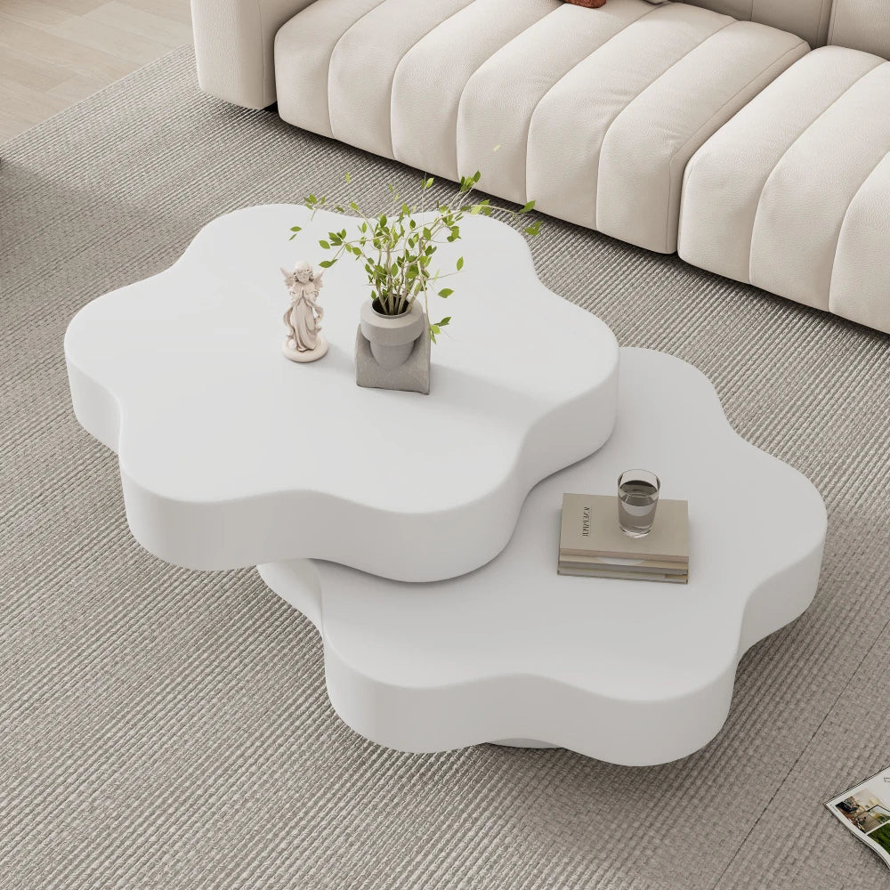 PINGGO Flower-Shaped Rotating Coffee Table - 2-Tier White MDF Rotating End Table & Sofa Side Table
