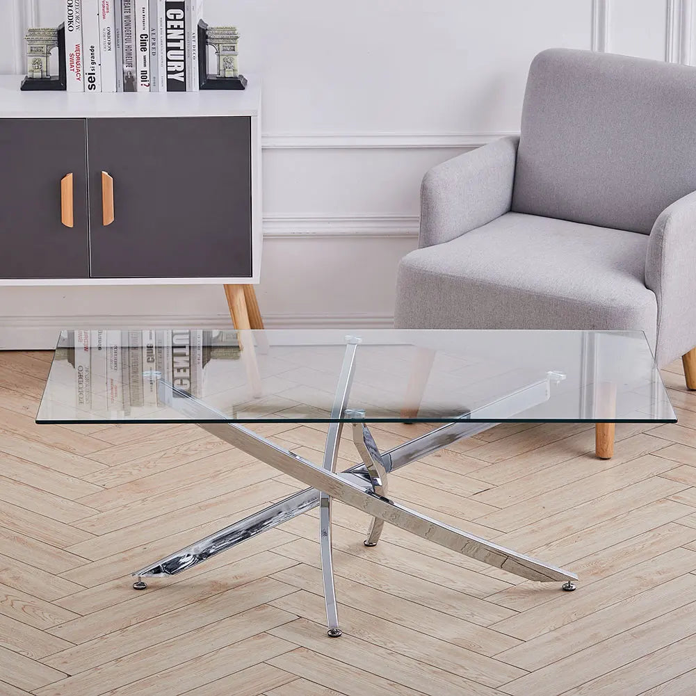 Breeins Modern Clear Glass Coffee Table with Stainless Steel X-Base – Rectangular Contemporary Living Room Table