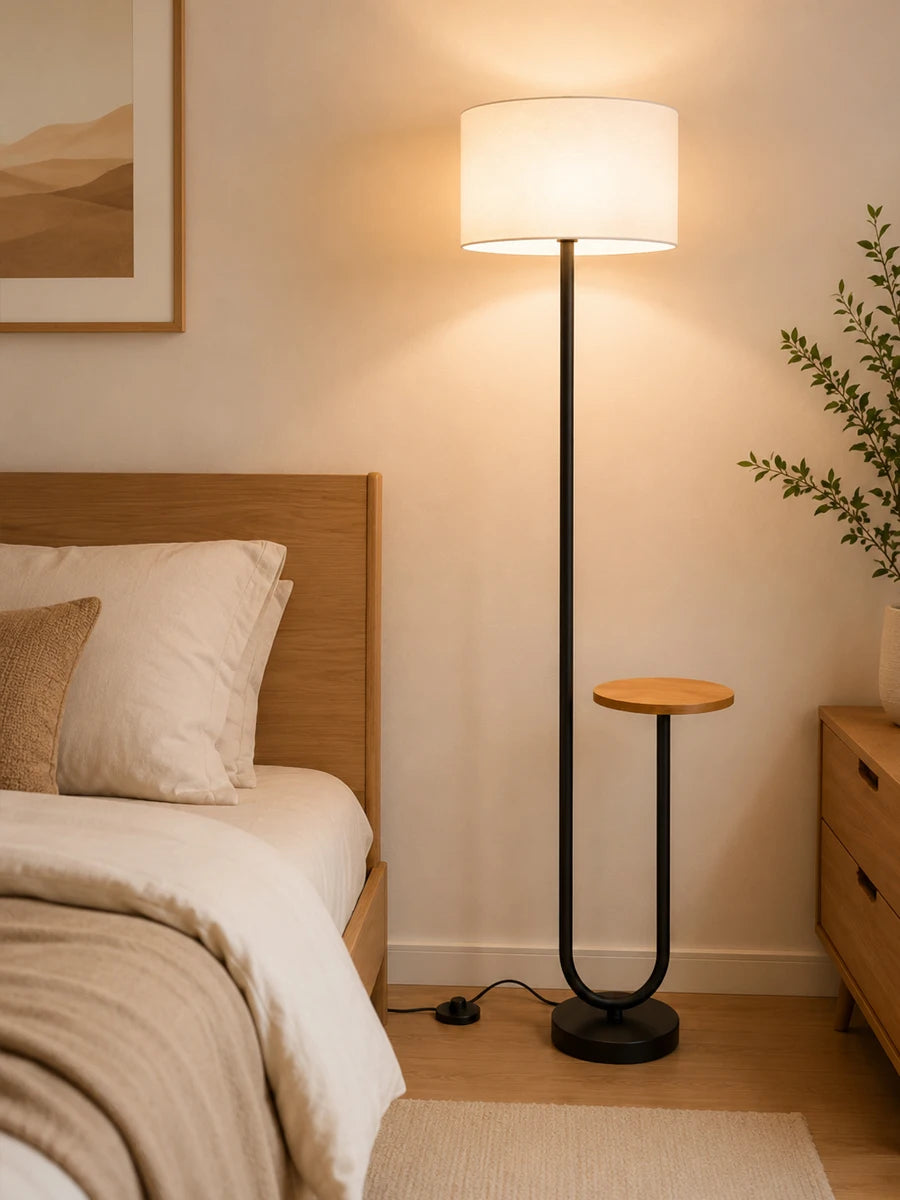 Modern Floor Lamp with Integrated Wooden Side Table