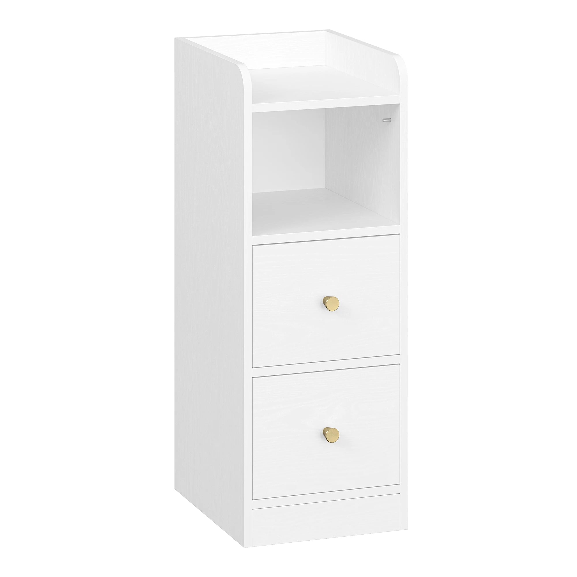 Slim Narrow Bedside Table with 2 Drawers & Open Shelf | Adjustable