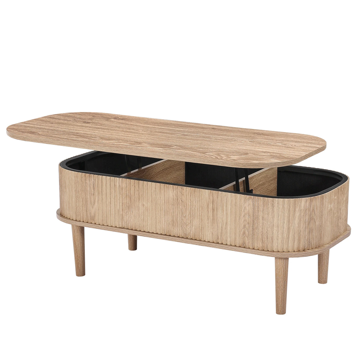 Wooden coffee table with lift-top design on a white background