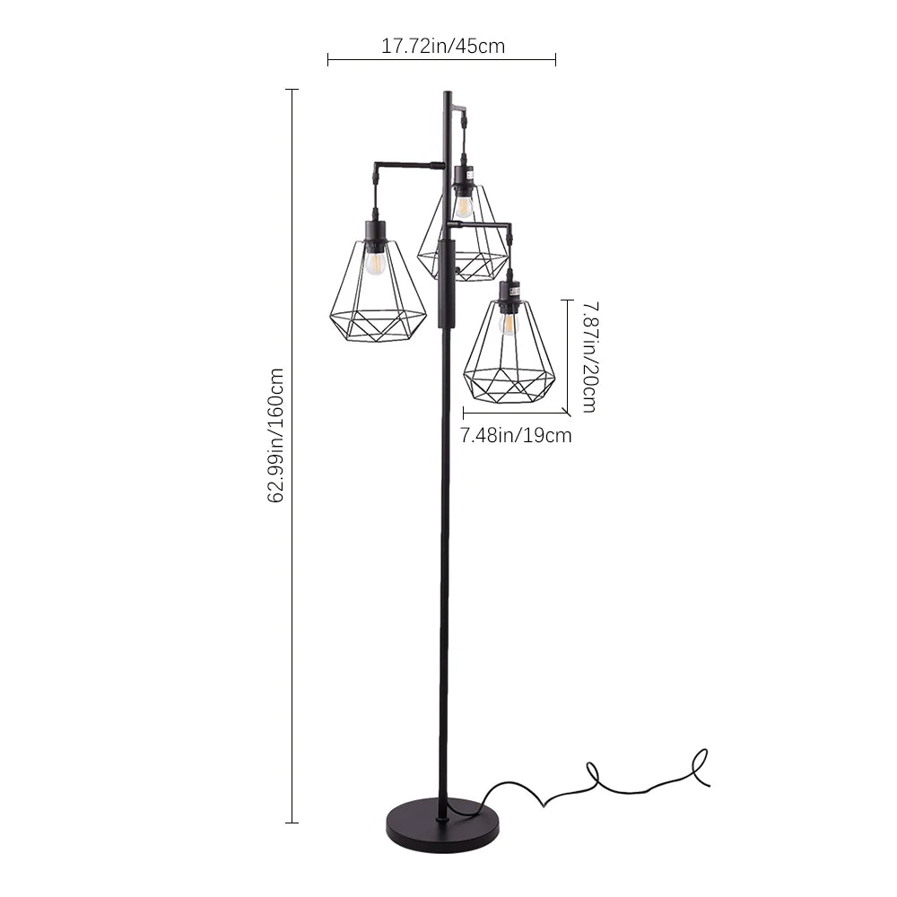 Black industrial-style floor lamp with three wire mesh cone shades on adjustable arms, shown with dimension callouts for height, shade width, and shade depth on a white background.