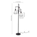 Black industrial-style floor lamp with three wire mesh cone shades on adjustable arms, shown with dimension callouts for height, shade width, and shade depth on a white background.