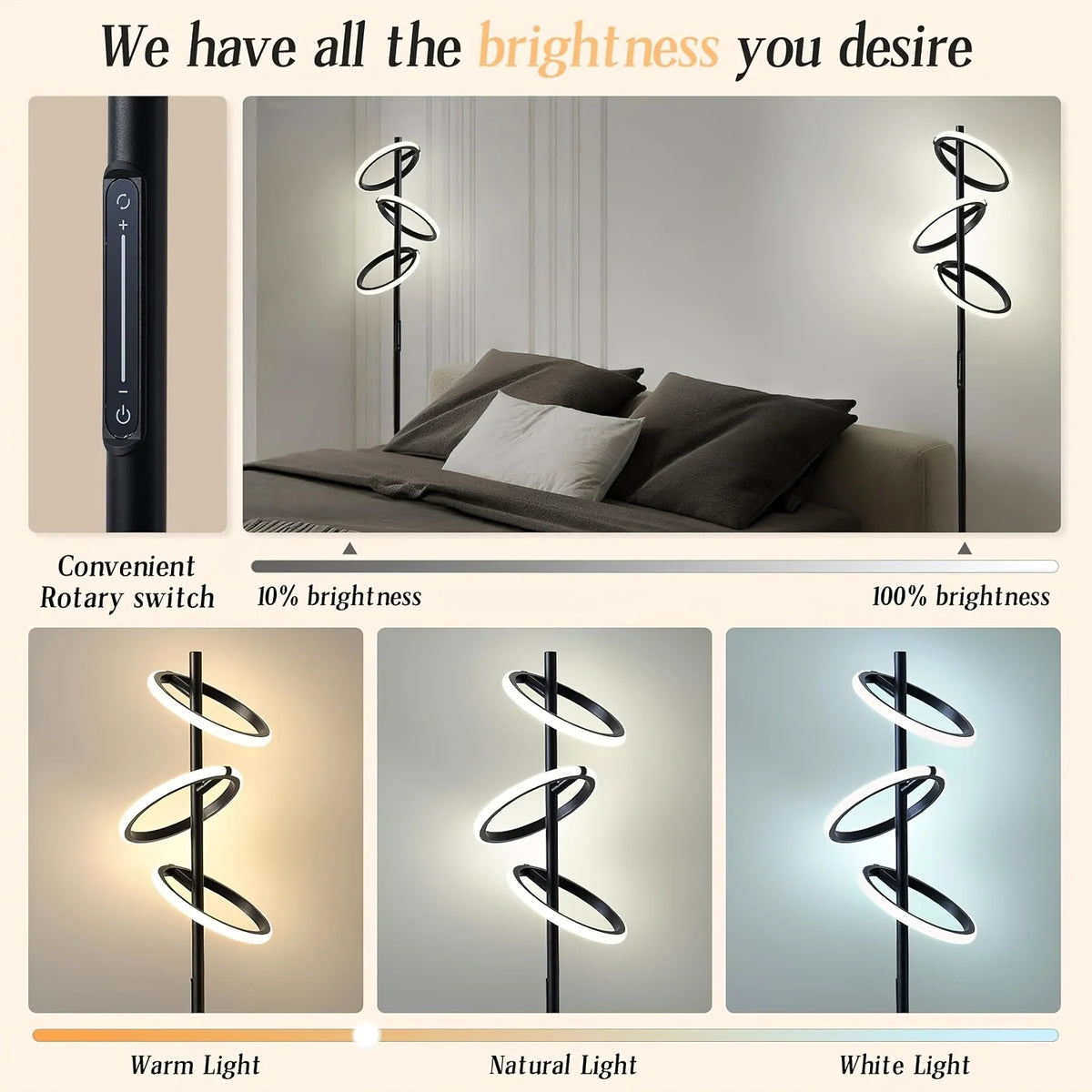 An infographic showing a spiral modern floor lamp in three lighting modes: warm light, natural light, and white light. The top section features a lifestyle shot of the lamp in a bedroom setting, while the bottom section shows three detailed panels illustrating the light output and a close-up of the rotary switch.