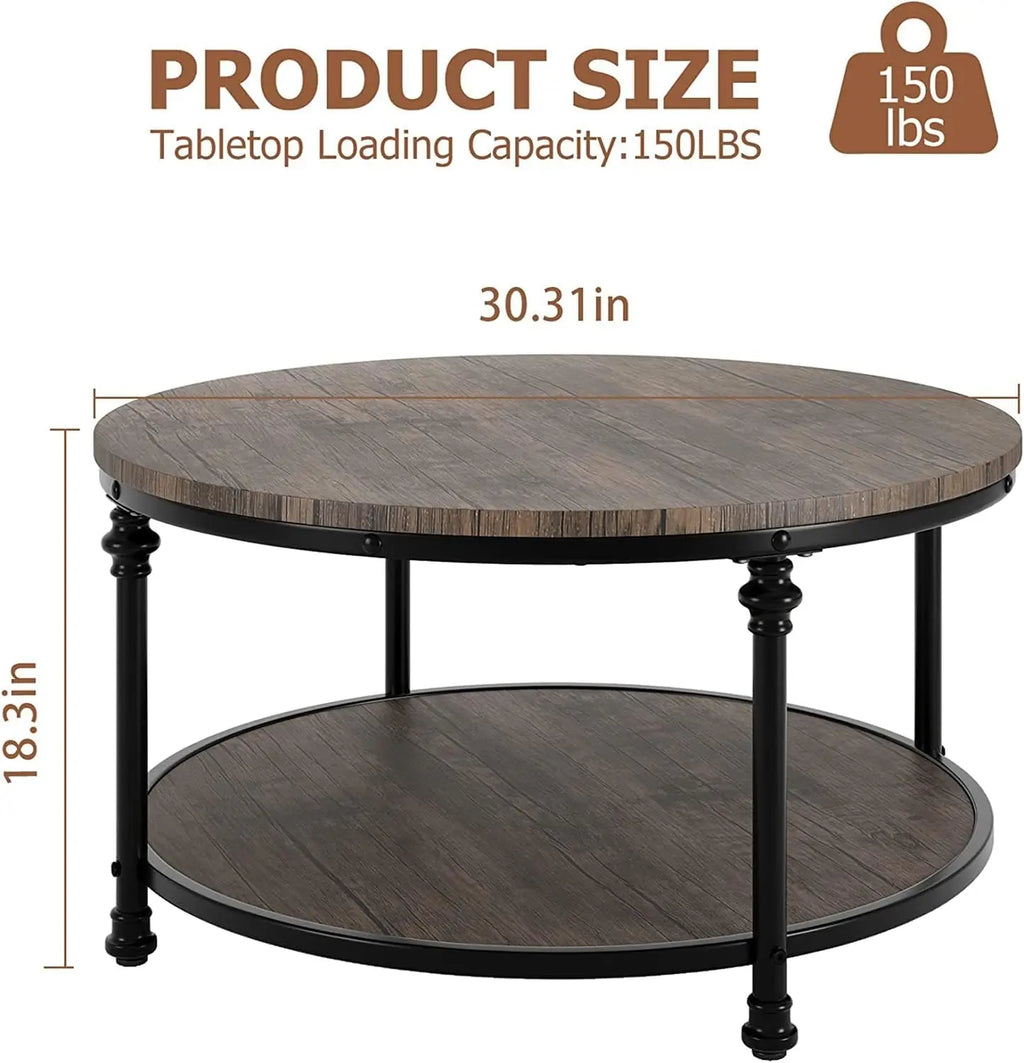 Round wooden table with metal legs and dimensions on a white background