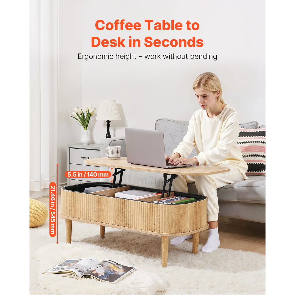 Coffee table transforming into a desk with a person using a laptop, text indicating height adjustment and ergonomic benefits.