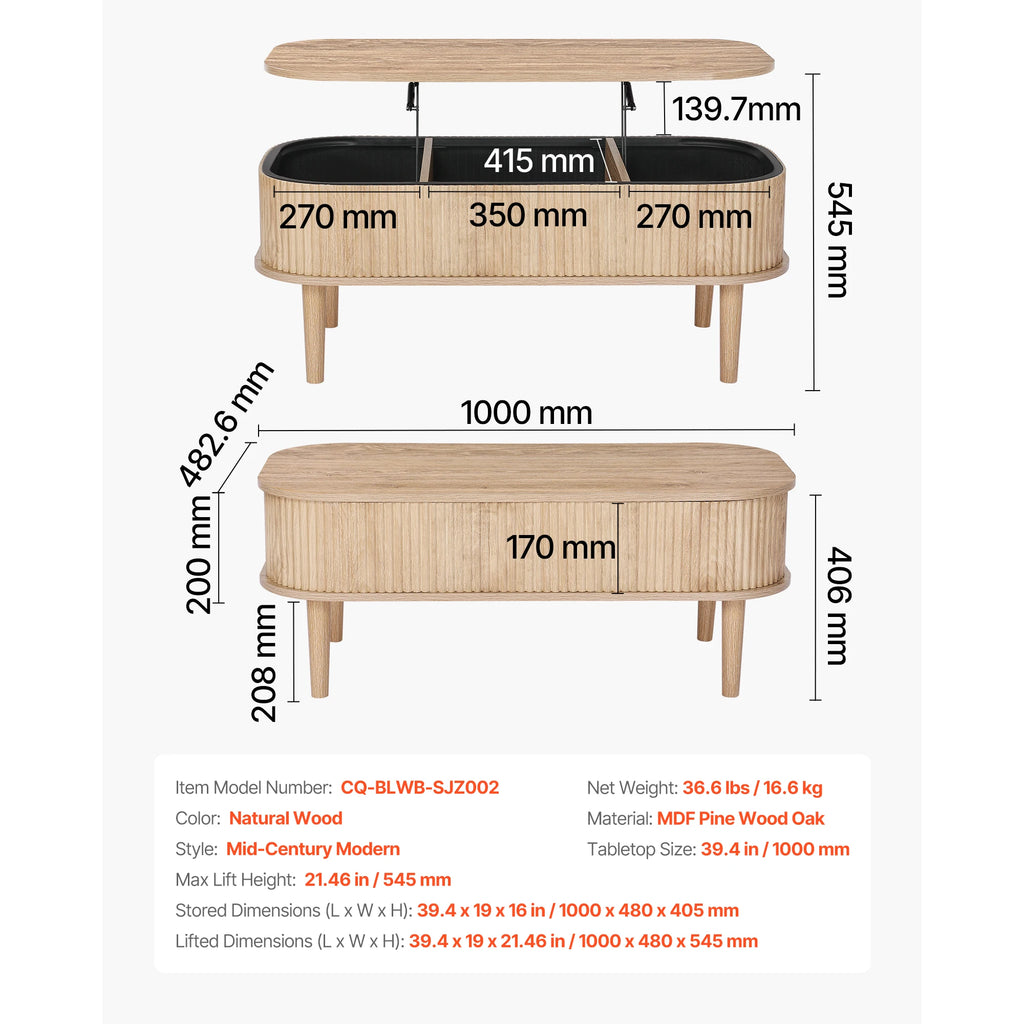 Technical dimension diagram of a mid-century modern coffee table with lift-top feature, showing front and top-down measurements in millimeters with product specifications listed below.