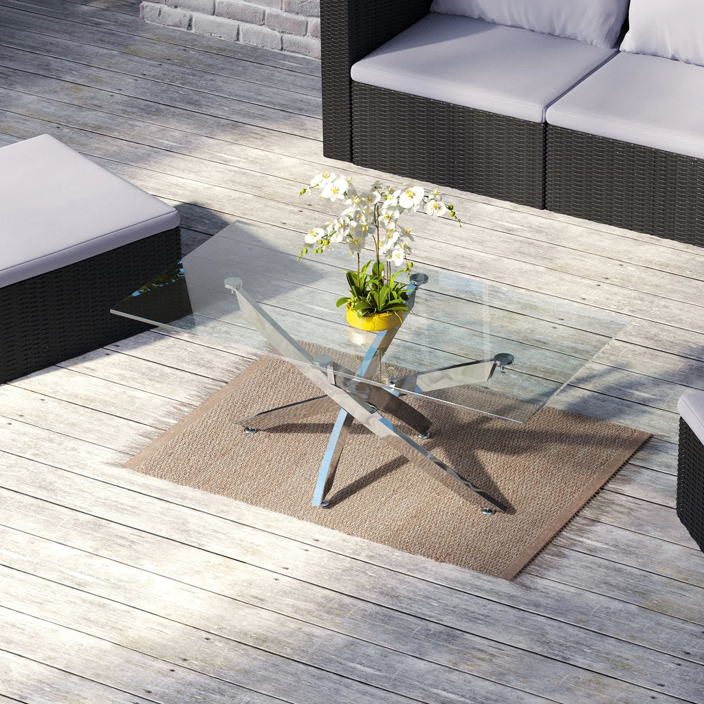 Breeins Modern Clear Glass Coffee Table with Stainless Steel X-Base – Rectangular Contemporary Living Room Table