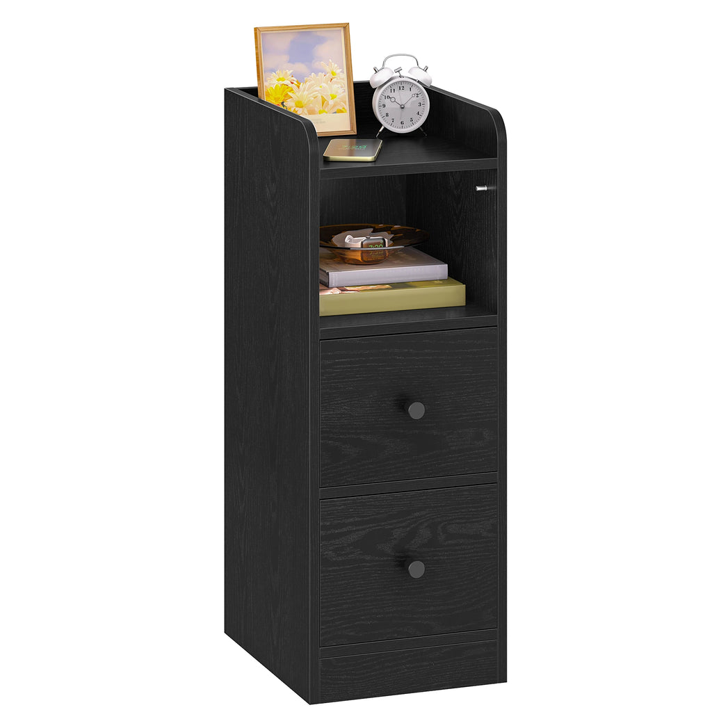 Slim Narrow Bedside Table with 2 Drawers & Open Shelf | Adjustable