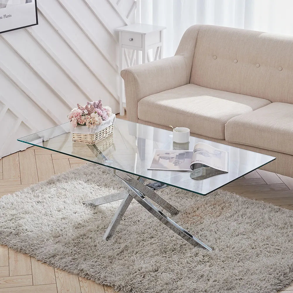 Breeins Modern Clear Glass Coffee Table with Stainless Steel X-Base – Rectangular Contemporary Living Room Table