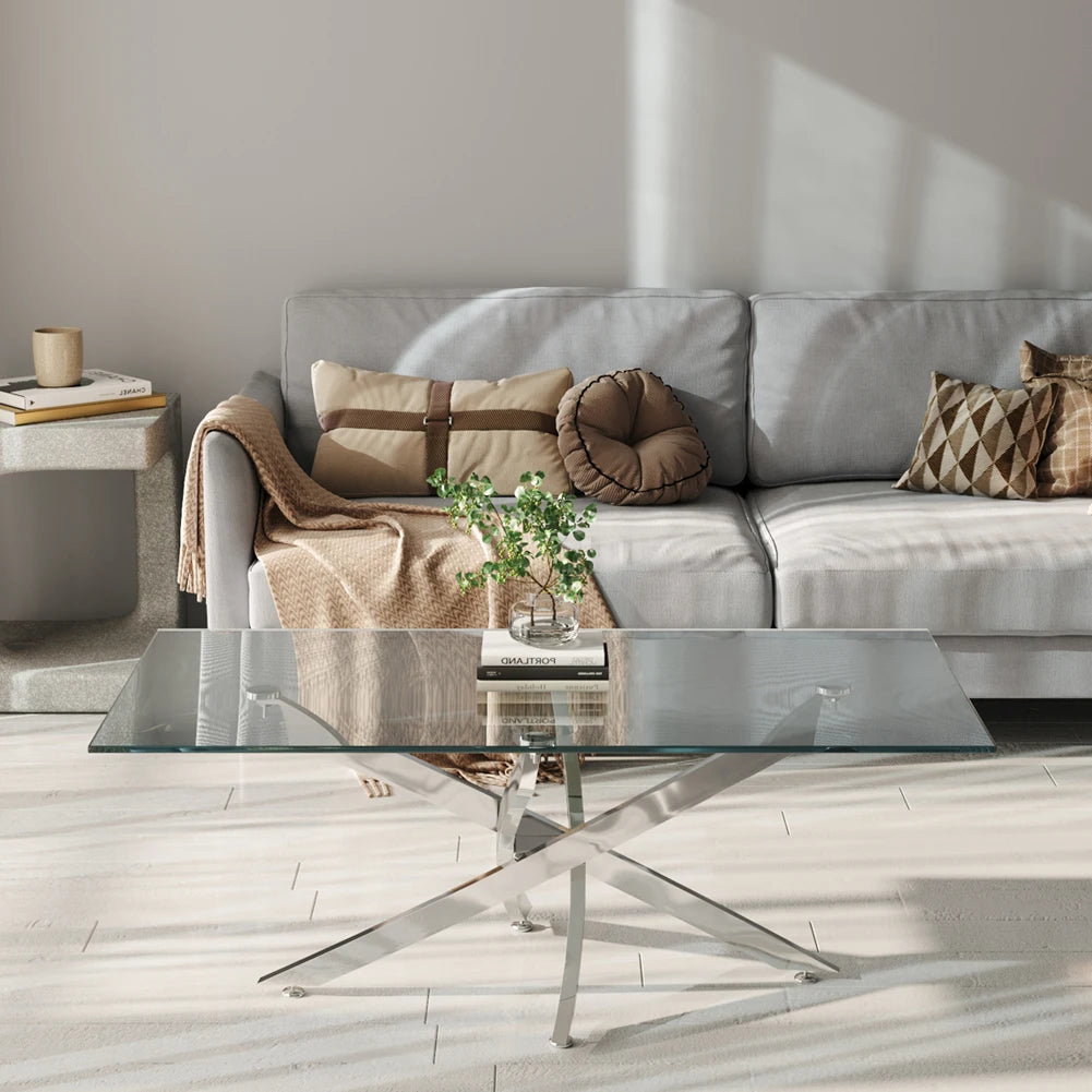 Breeins Modern Clear Glass Coffee Table with Stainless Steel X-Base – Rectangular Contemporary Living Room Table