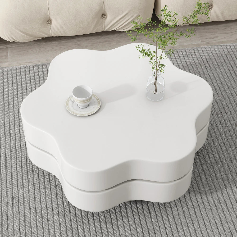 PINGGO Flower-Shaped Rotating Coffee Table - 2-Tier White MDF Rotating End Table & Sofa Side Table