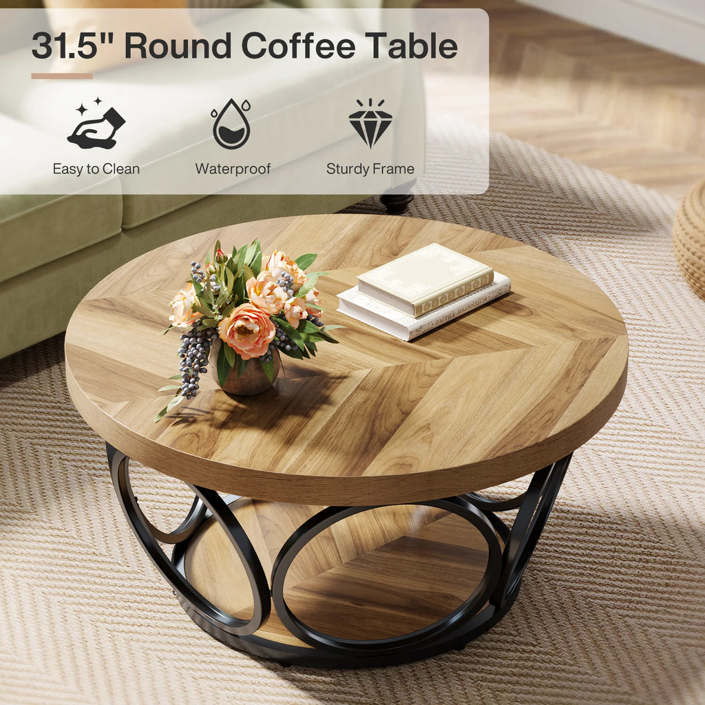 Round Rustic Wooden Coffee Table with 2-Tier Storage – Venust Living