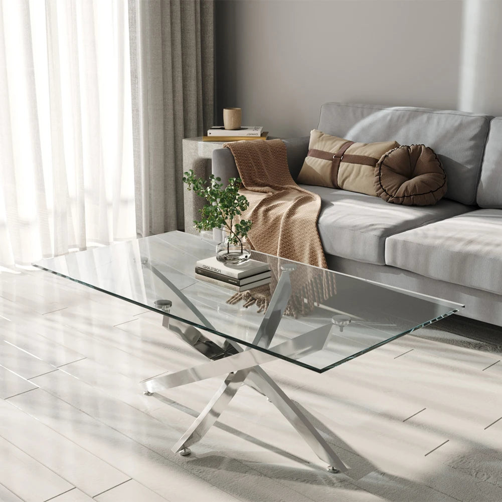 Breeins Modern Clear Glass Coffee Table with Stainless Steel X-Base – Rectangular Contemporary Living Room Table