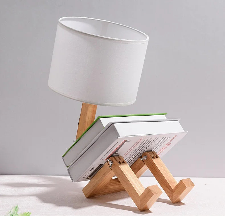 Artisan Wooden Robot Table Lamp | Modern Adjustable Sculptural Desk Light