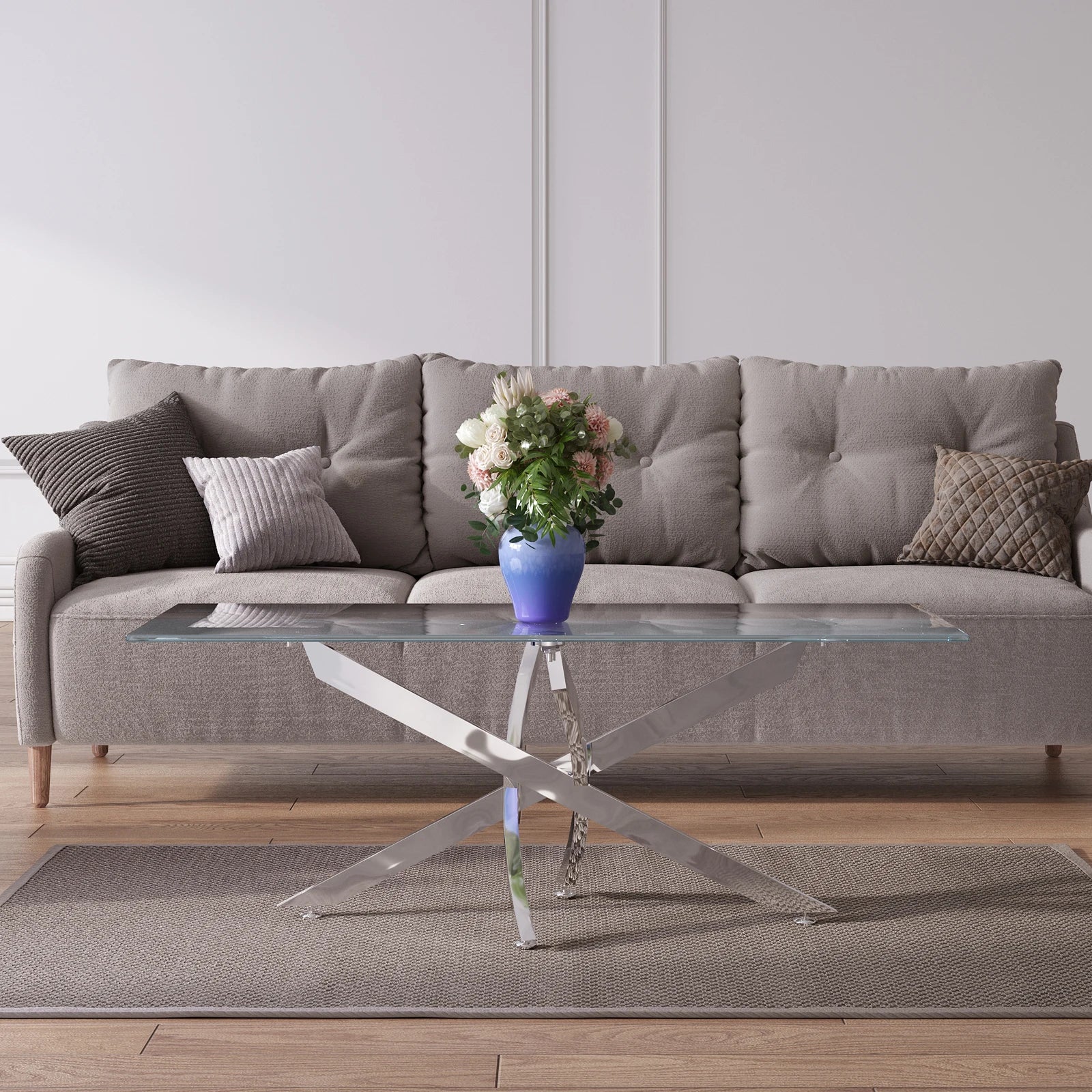 Breeins Modern Clear Glass Coffee Table with Stainless Steel X-Base – Rectangular Contemporary Living Room Table