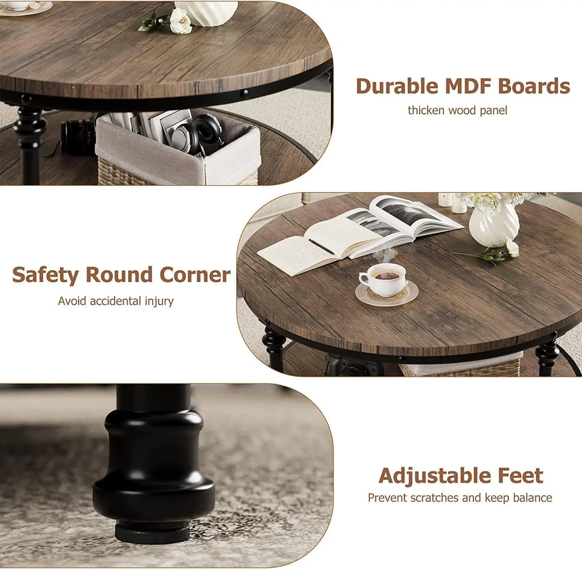 Wooden table with features highlighted on a white background
