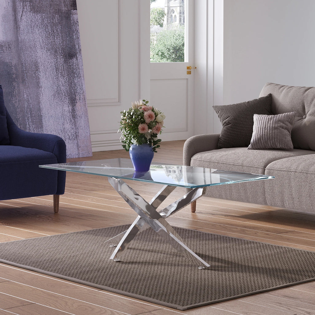 Breeins Modern Clear Glass Coffee Table with Stainless Steel X-Base – Rectangular Contemporary Living Room Table